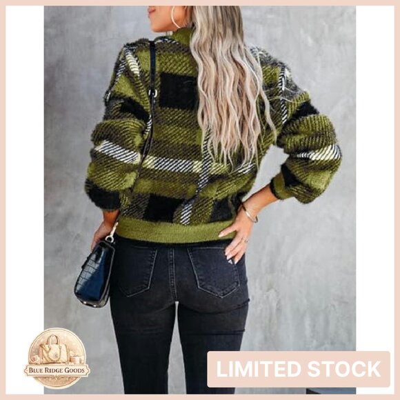 Plaid Fuzzy Knit V-Neck Cardigan Cozy Oversized Chic Fall Pullover - Picture 4 of 8